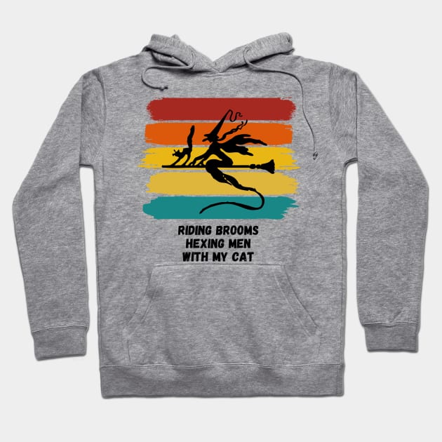 Sunset Witch Riding Brooms Hexing Men with My Cat Hoodie by nathalieaynie